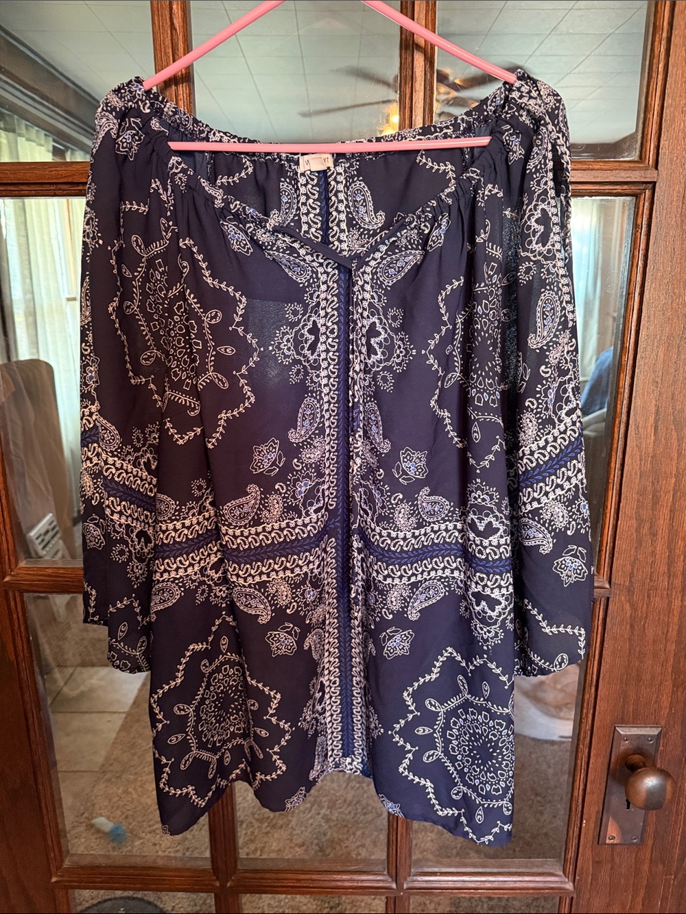 Westport‎ Navy Blue Paisley Chiffon Off-The-Shoulder Bell Sleeve Blouse 1X Boho